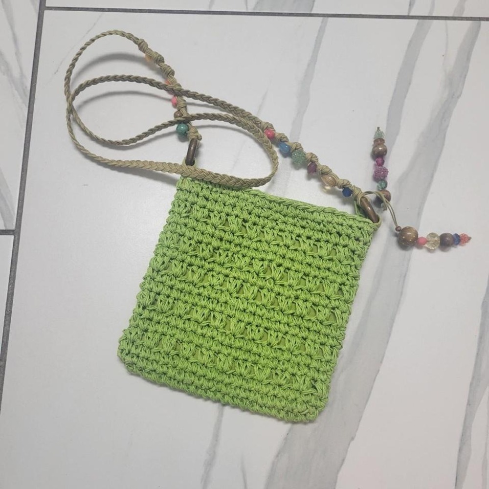 Boho green crochet crossbody bag with beaded strap